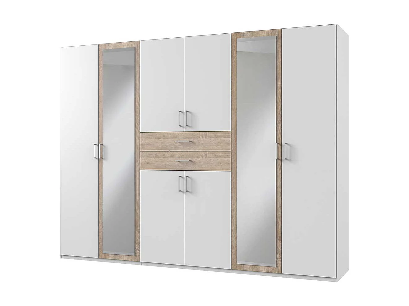 Kleiderschrank mit Schubladen und Spiegel in Weiß Eiche Sägerau