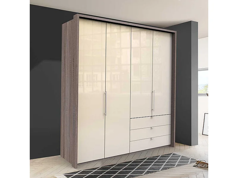 Kombi Kleiderschrank in Creme Eiche Trüffelfarben Front glasbeschichtet