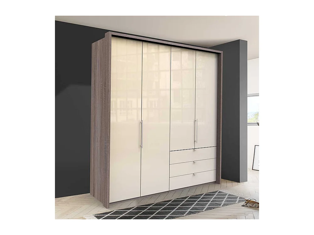 Kombi Kleiderschrank in Creme Eiche Trüffelfarben Front glasbeschichtet