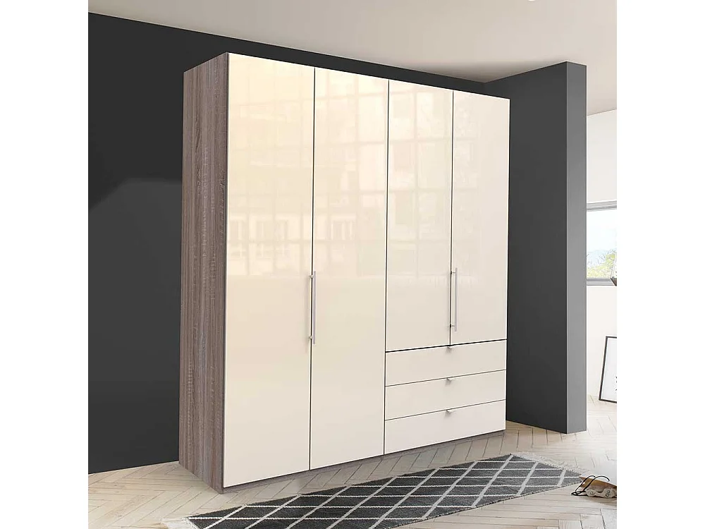 Kombi Kleiderschrank in Creme Eiche Trüffelfarben Front glasbeschichtet