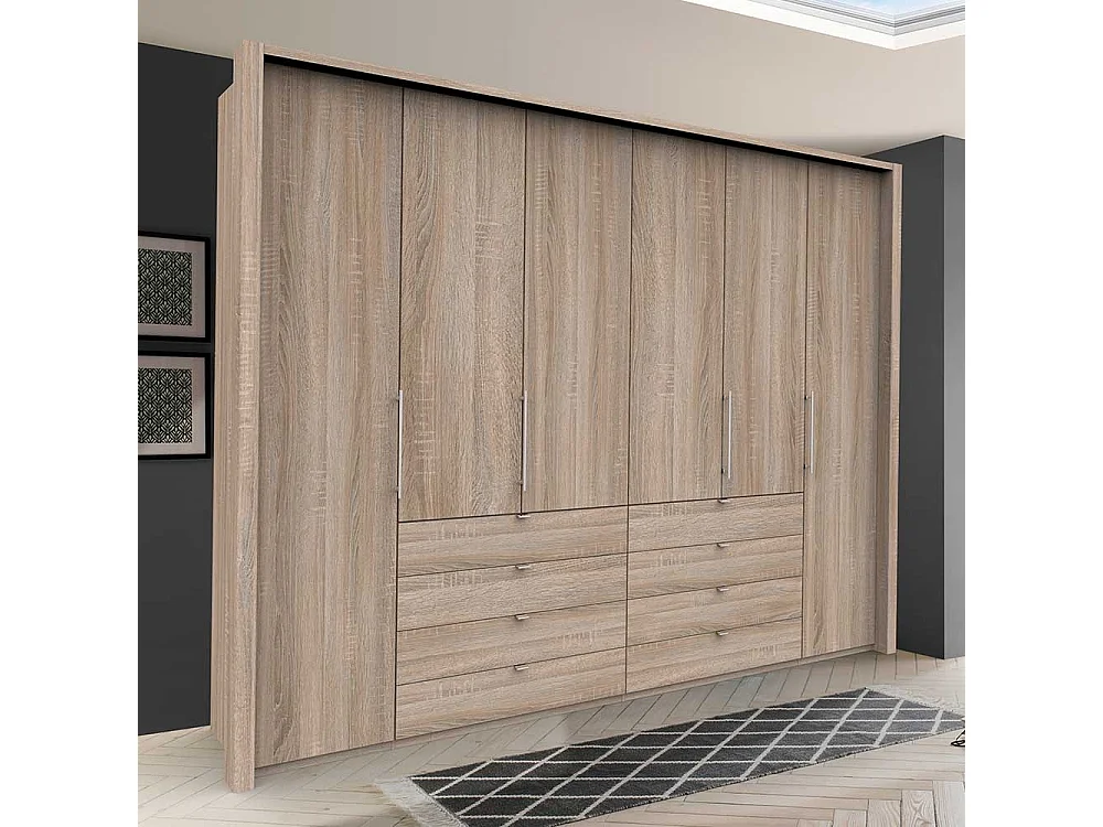 Panorama Falttürenschrank in Eiche Sägerau acht Schubladen