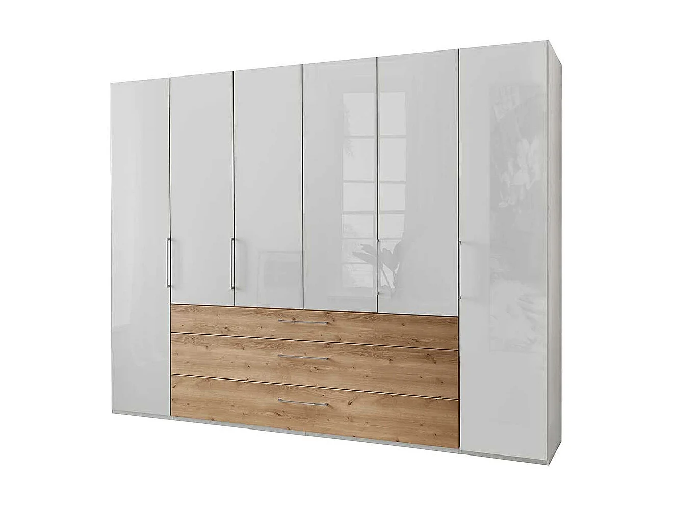 XXL Schlafzimmerschrank in Eiche Bianco Weiß Glasfront