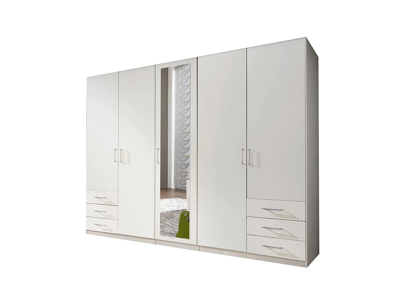 Kleiderschrank weiß Spiegel mit sechs Schubladen 225 cm breit