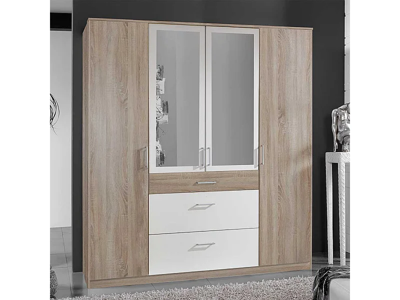Kleiderschrank mit Schubladen in Eiche Sägerau und Weiß 199 cm hoch