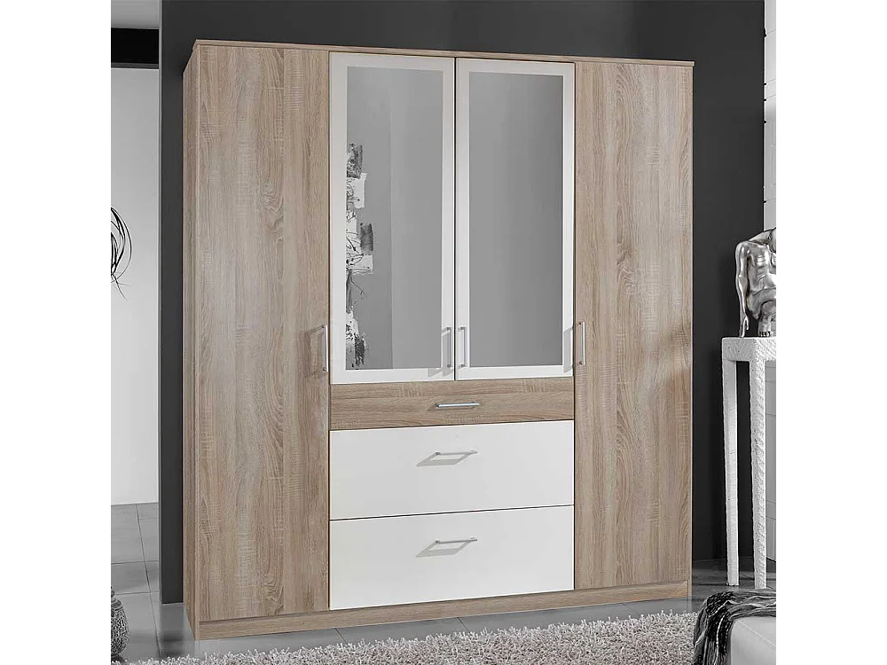 Kleiderschrank mit Schubladen in Eiche Sägerau und Weiß 199 cm hoch