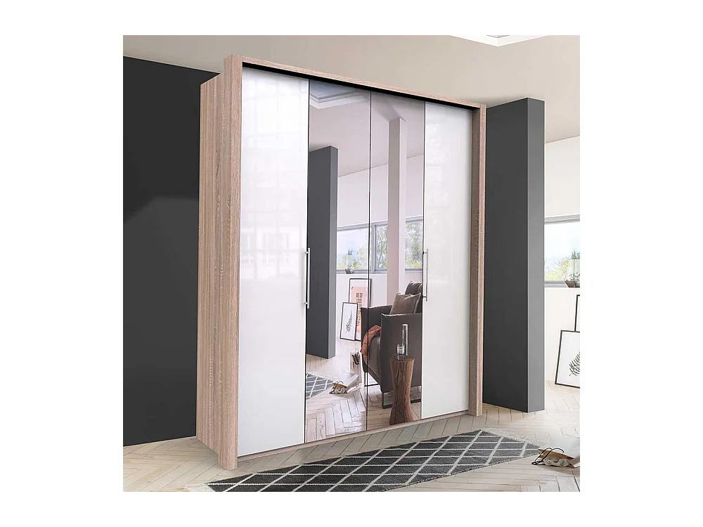 Gleittüren Kleiderschrank mit Spiegel Weiß Eiche Sägerau