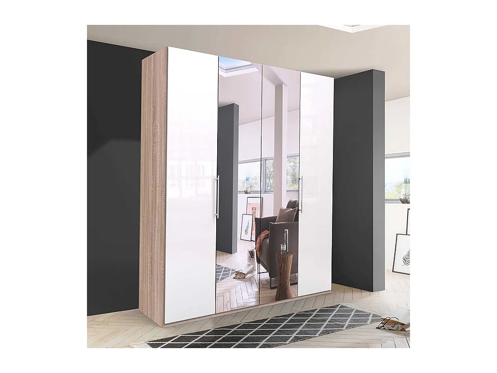 Gleittüren Kleiderschrank mit Spiegel Weiß Eiche Sägerau