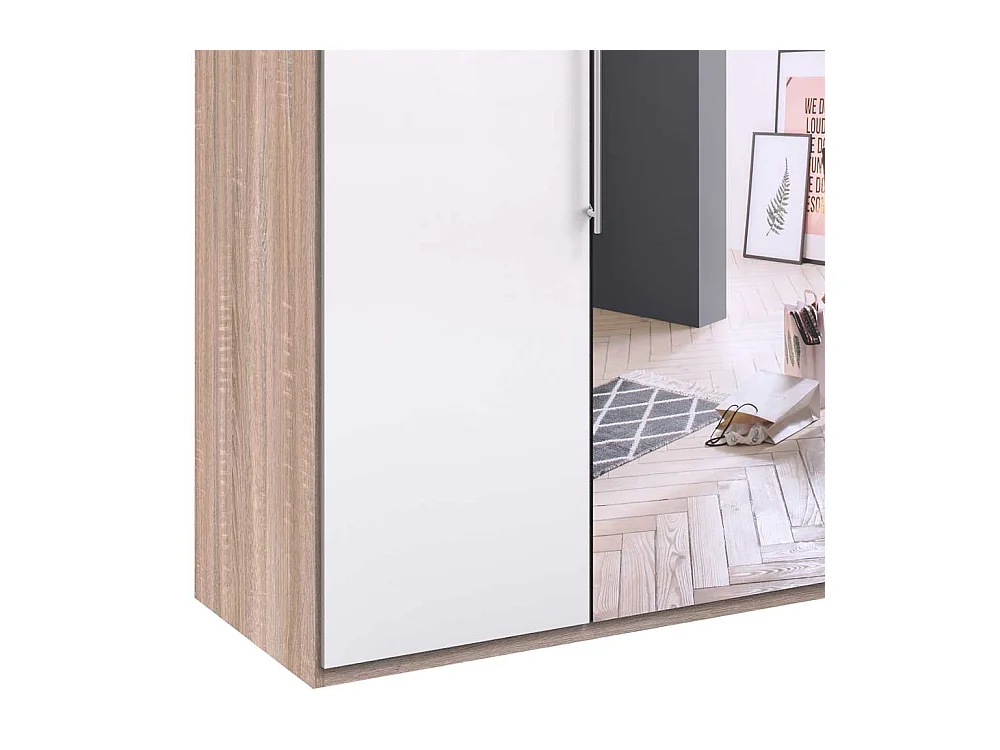 Gleittüren Kleiderschrank mit Spiegel Weiß Eiche Sägerau