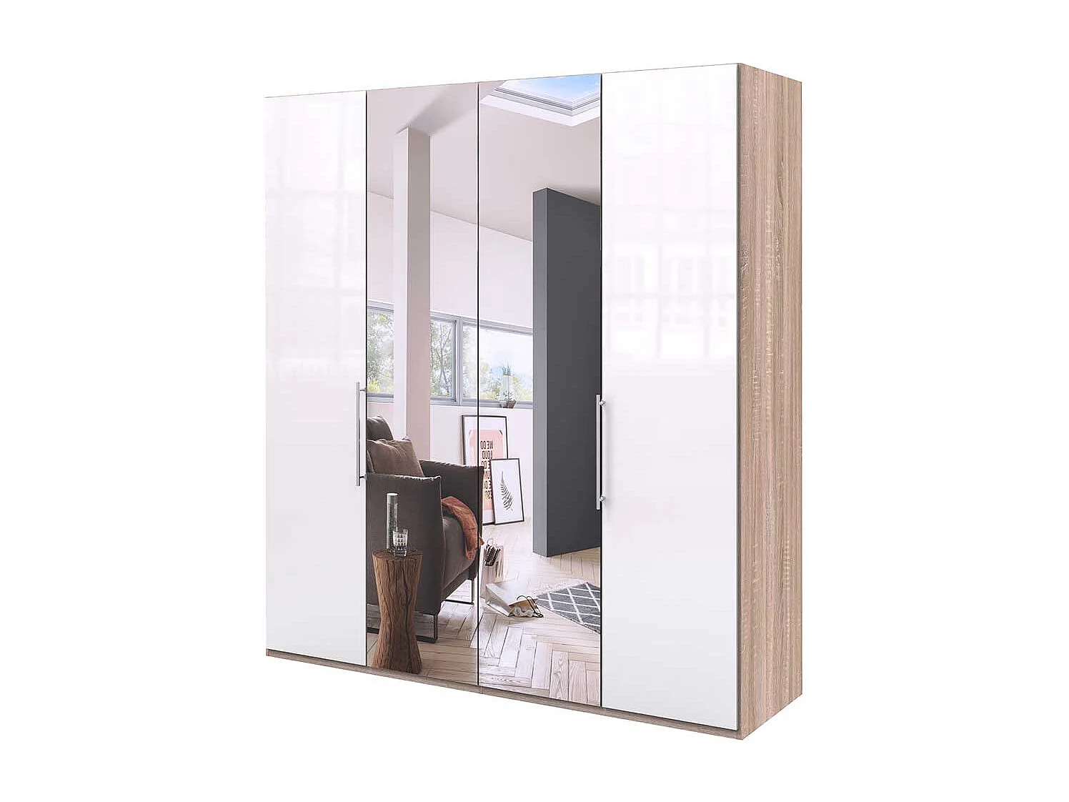 Gleittüren Kleiderschrank mit Spiegel Weiß Eiche Sägerau