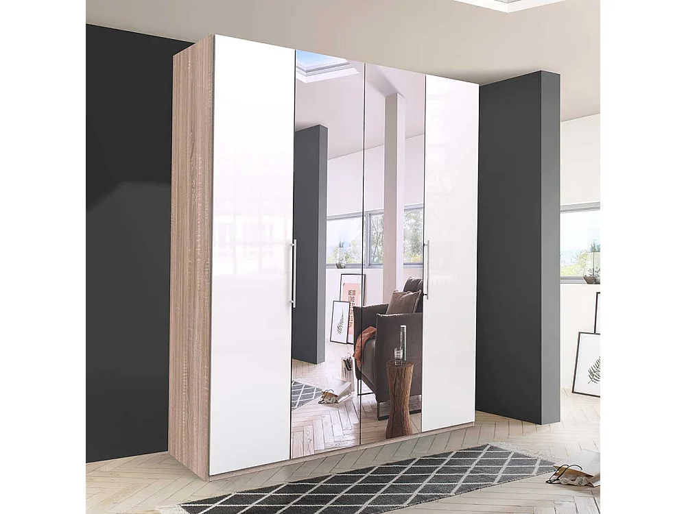 Gleittüren Kleiderschrank mit Spiegel Weiß Eiche Sägerau
