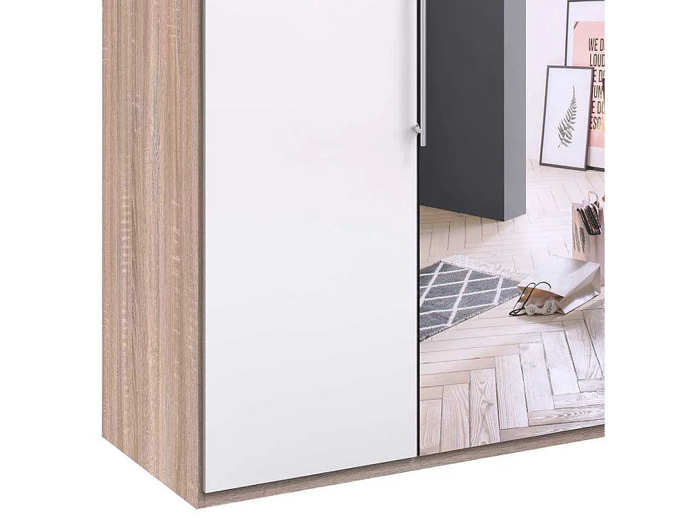 Gleittüren Kleiderschrank mit Spiegel Weiß Eiche Sägerau