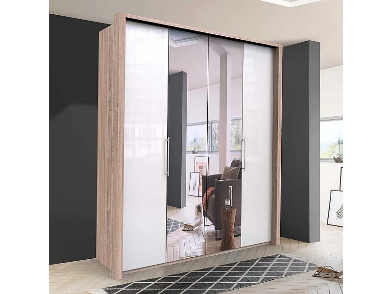 Gleittüren Kleiderschrank mit Spiegel Weiß Eiche Sägerau