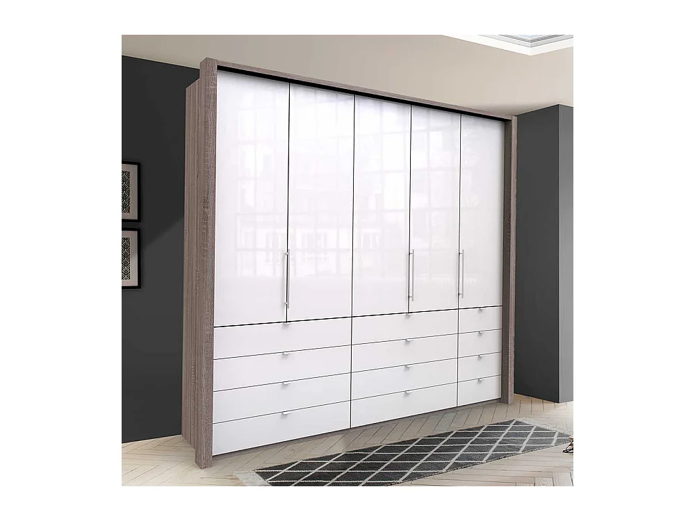 3 türiger Kleiderschrank mit vielen Schubladen Weiß Eiche Trüffelfarben