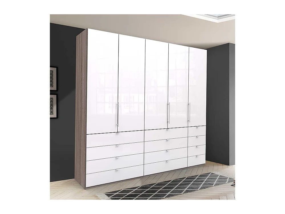 3 türiger Kleiderschrank mit vielen Schubladen Weiß Eiche Trüffelfarben