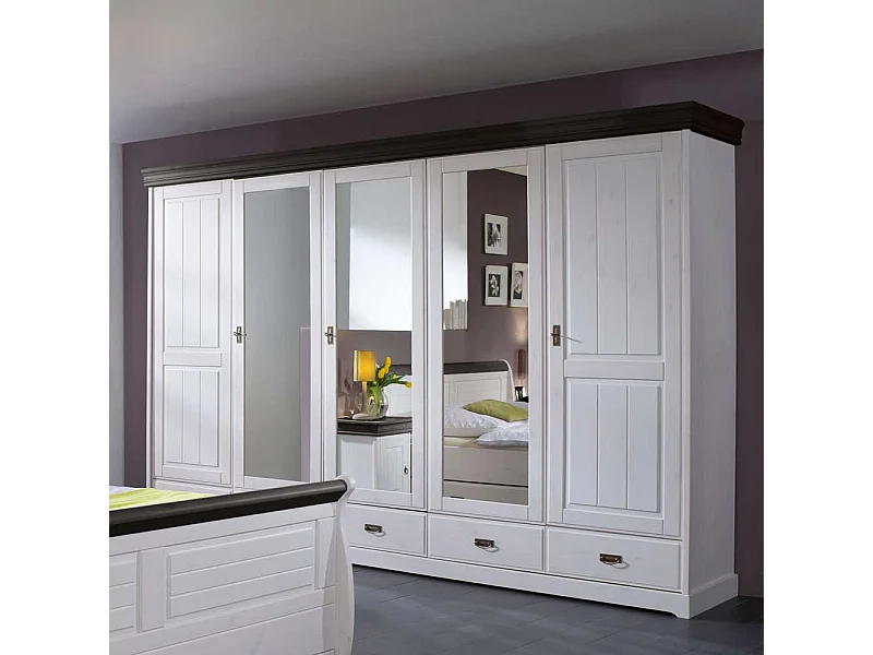 Schlafzimmerschrank in Weiß und Dunkelbraun Kiefer Massivholz