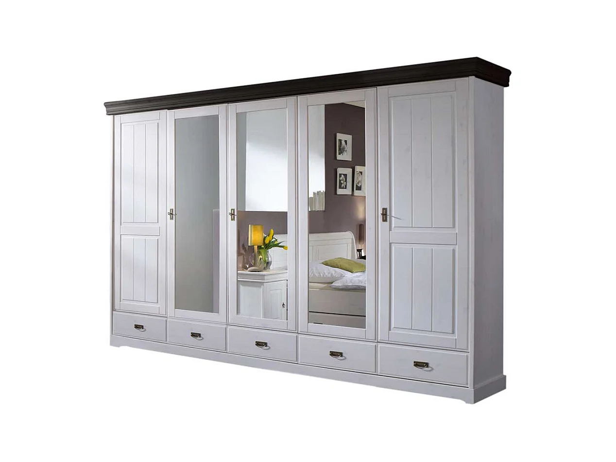 Schlafzimmerschrank in Weiß und Dunkelbraun Kiefer Massivholz