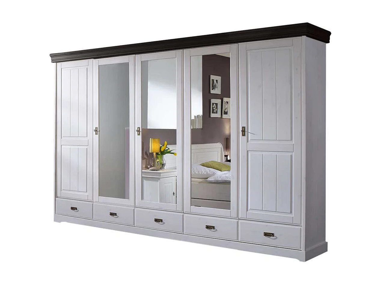 Schlafzimmerschrank in Weiß und Dunkelbraun Kiefer Massivholz