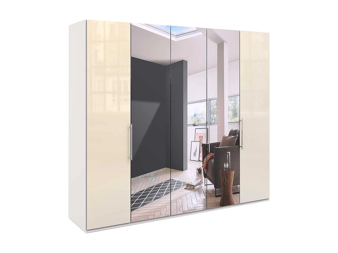 Breiter Kleiderschrank in Cremefarben Falttüren