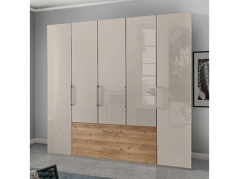 Schlafzimmerschrank in Beige und Eiche Bianco Türen glasbeschichtet