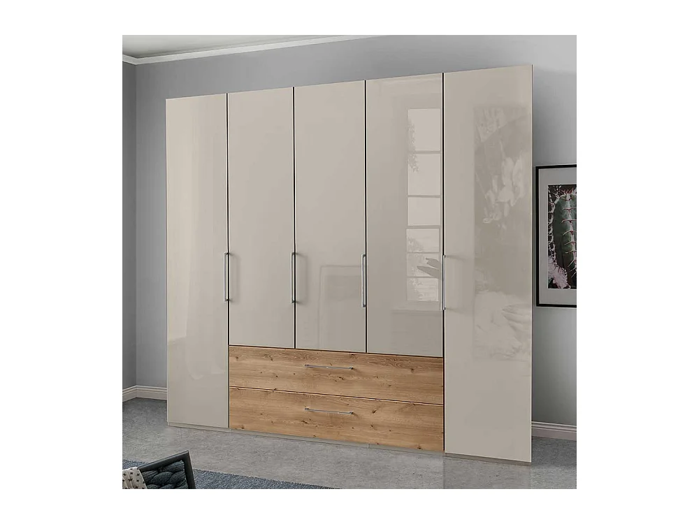 Schlafzimmerschrank in Beige und Eiche Bianco Türen glasbeschichtet