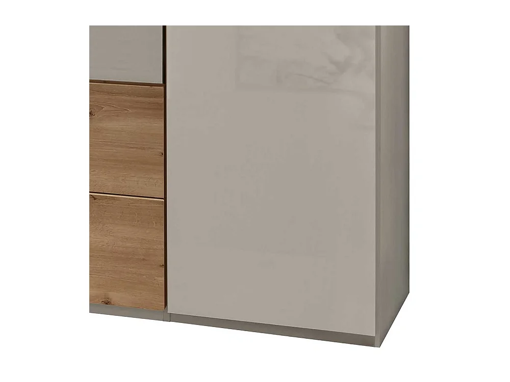 Schlafzimmerschrank in Beige und Eiche Bianco Türen glasbeschichtet