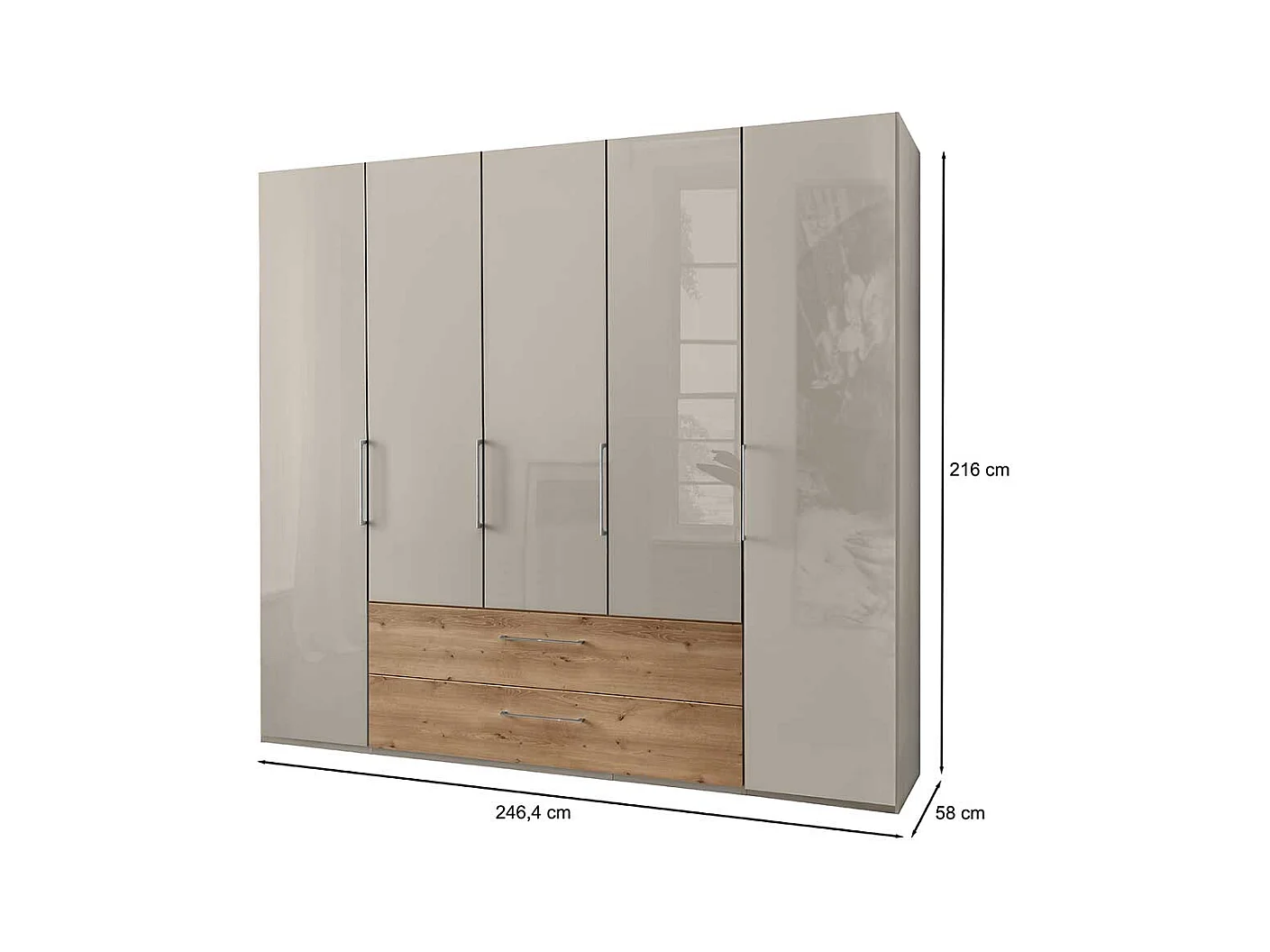 Schlafzimmerschrank in Beige und Eiche Bianco Türen glasbeschichtet
