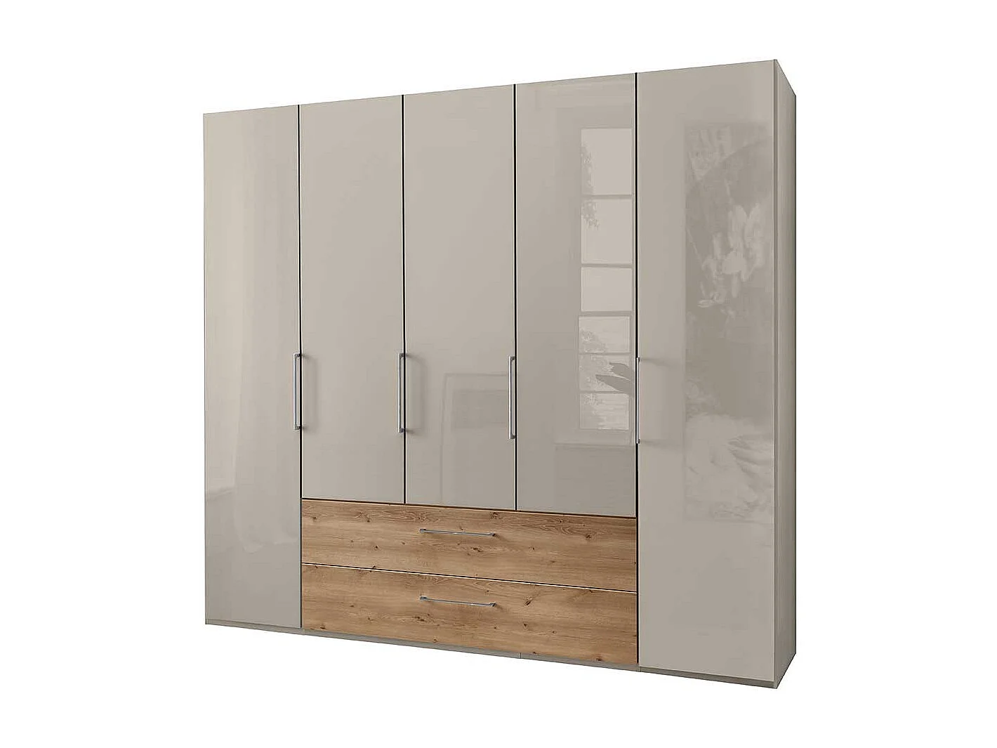 Schlafzimmerschrank in Beige und Eiche Bianco Türen glasbeschichtet