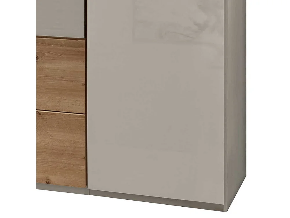 Schlafzimmerschrank in Beige und Eiche Bianco Türen glasbeschichtet