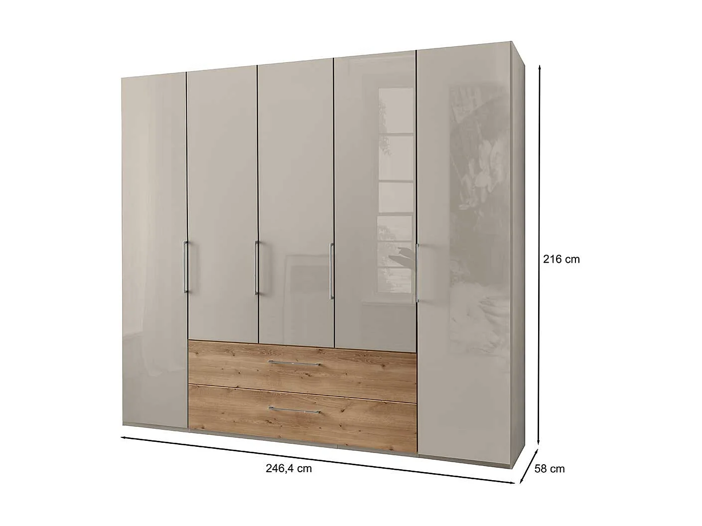 Schlafzimmerschrank in Beige und Eiche Bianco Türen glasbeschichtet