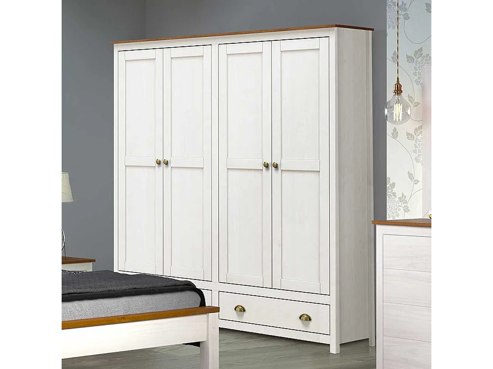 Kleiderschrank Kiefer Weiß Landhaus Stil mit zwei Schubladen 176 cm breit