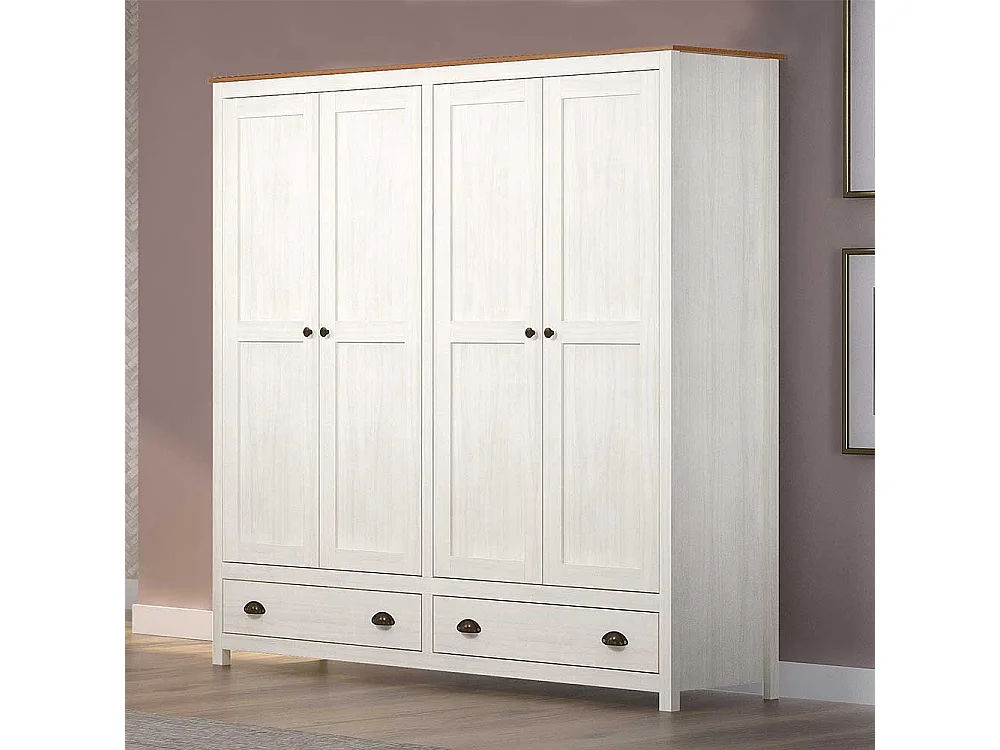 Kleiderschrank Kiefer Weiß Landhaus Stil mit zwei Schubladen 176 cm breit