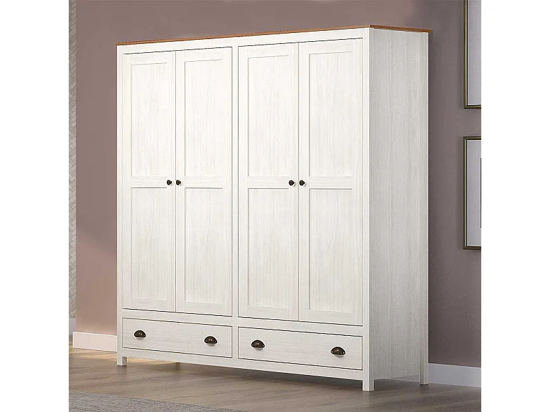 Kleiderschrank Kiefer Weiß Landhaus Stil mit zwei Schubladen 176 cm breit