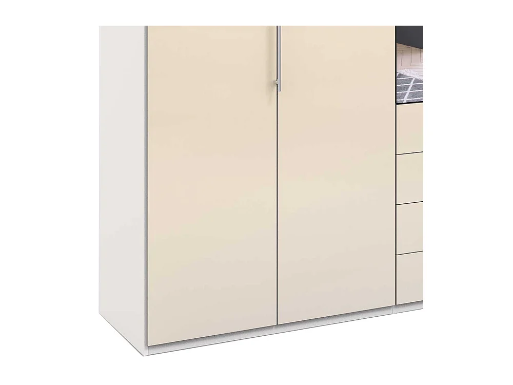 Cremefarbener Kleiderschrank mit Spiegel Falttüren und Schubladen