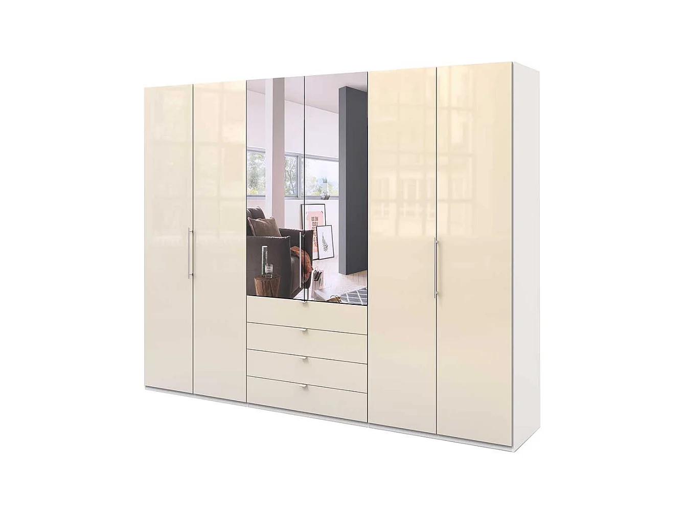 Cremefarbener Kleiderschrank mit Spiegel Falttüren und Schubladen