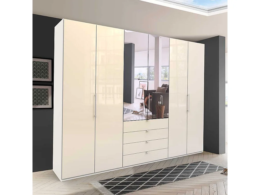 Cremefarbener Kleiderschrank mit Spiegel Falttüren und Schubladen