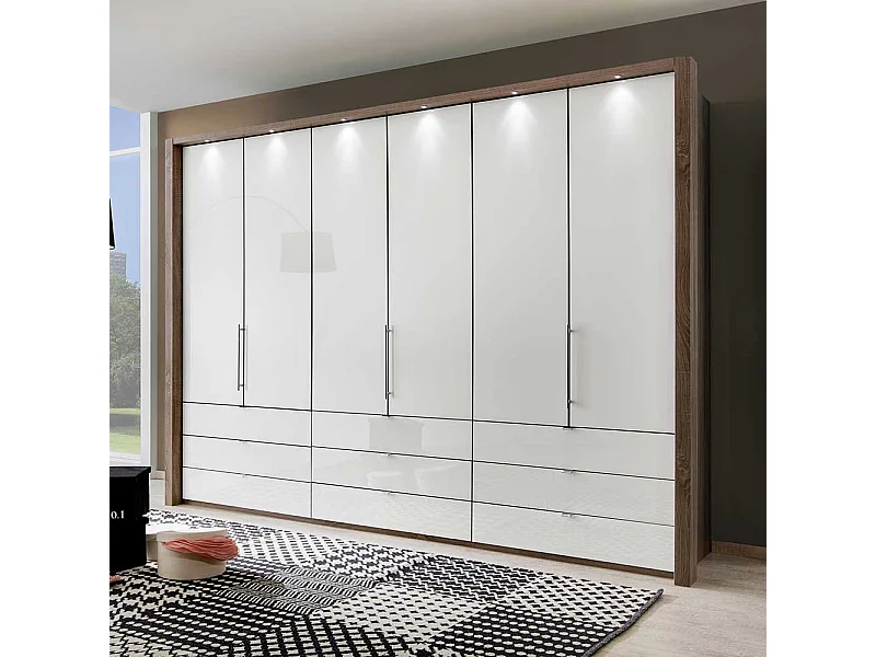 Falttüren Kleiderschrank in Weiß Braun LED Beleuchtung