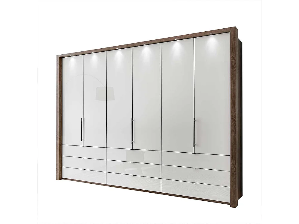 Falttüren Kleiderschrank in Weiß Braun LED Beleuchtung