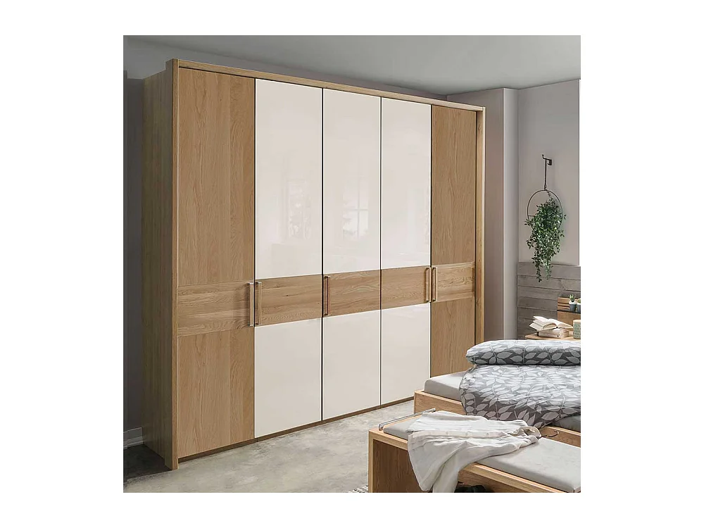 Drehtürenschrank in Beige Glas beschichtet Eiche Massivholz