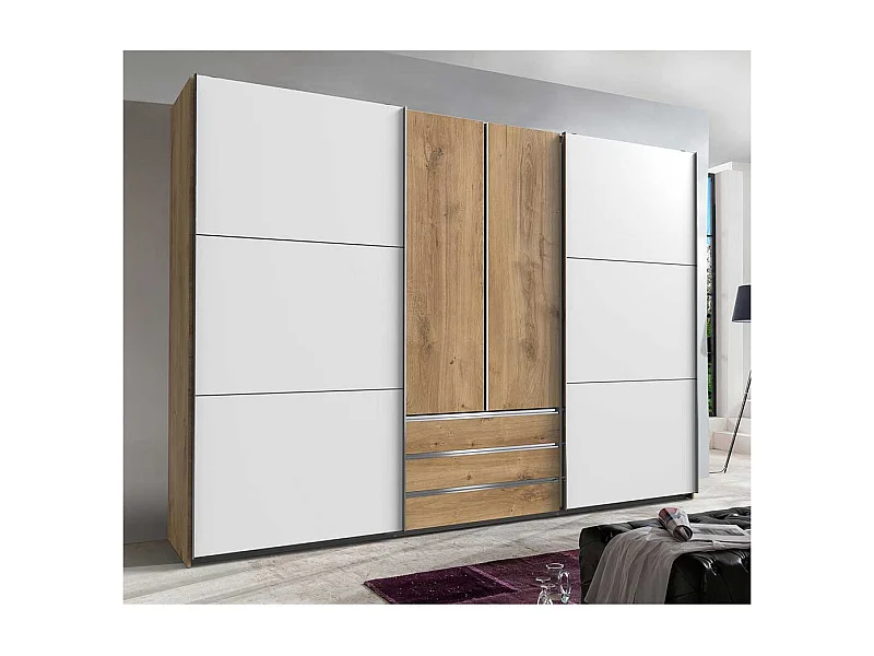 Schlafzimmerschrank zweifarbig in Plankeneiche NB und Weiß 300 cm breit