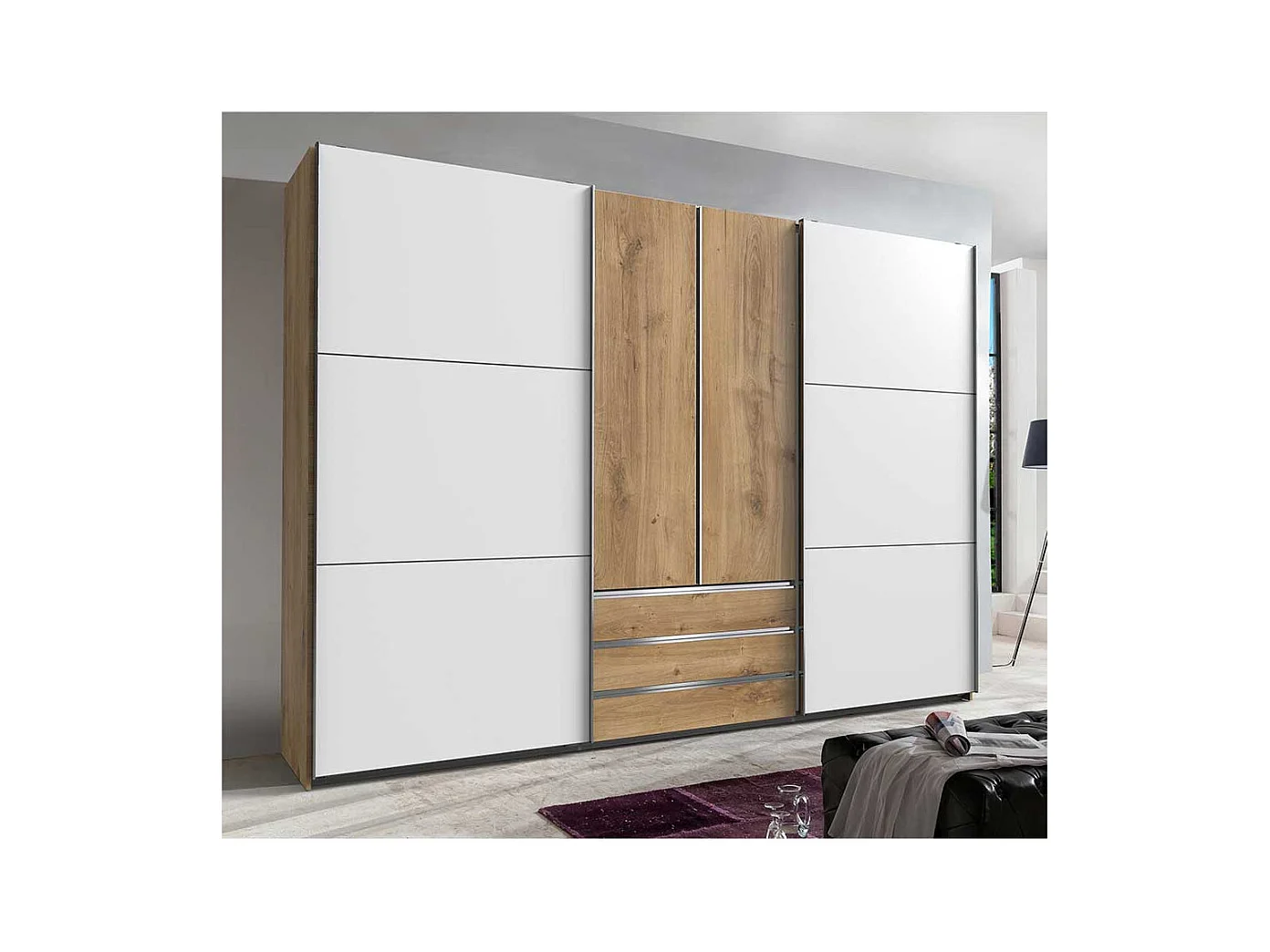 Schlafzimmerschrank zweifarbig in Plankeneiche NB und Weiß 300 cm breit