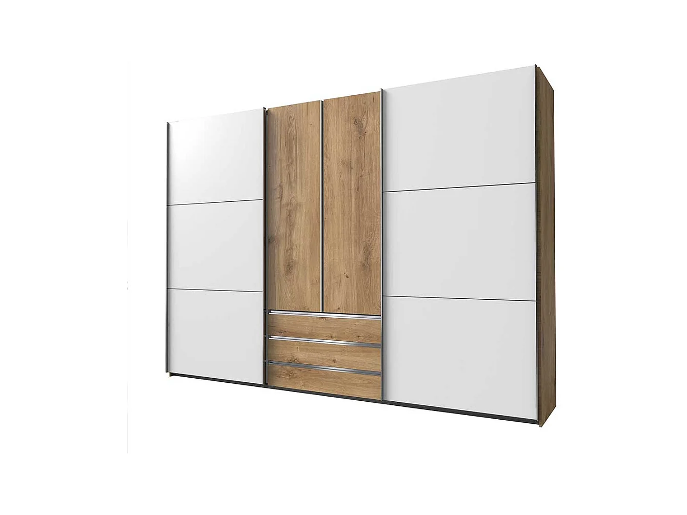 Schlafzimmerschrank zweifarbig in Plankeneiche NB und Weiß 300 cm breit