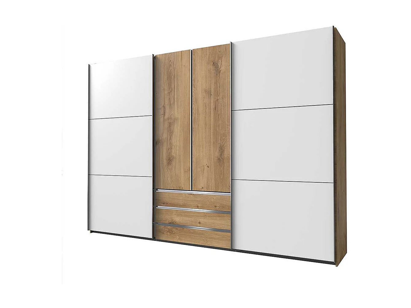 Schlafzimmerschrank zweifarbig in Plankeneiche NB und Weiß 300 cm breit