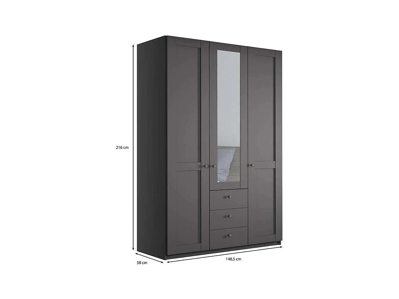 Kleiderschrank dunkelgrau Spiegel 150 cm breit 216 cm hoch