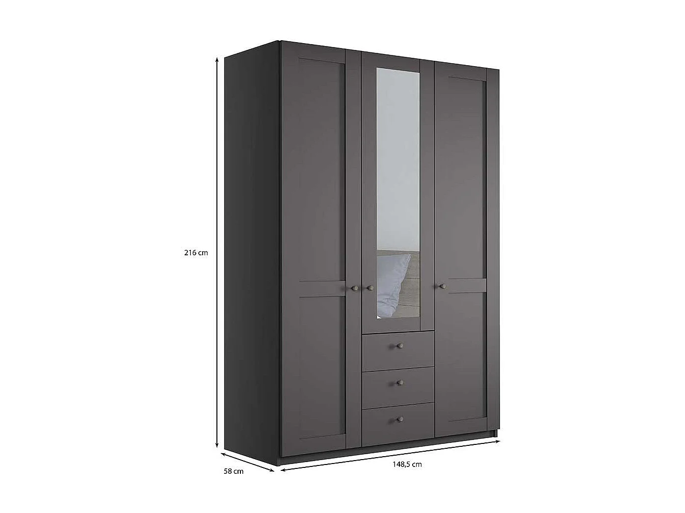 Kleiderschrank dunkelgrau Spiegel 150 cm breit 216 cm hoch