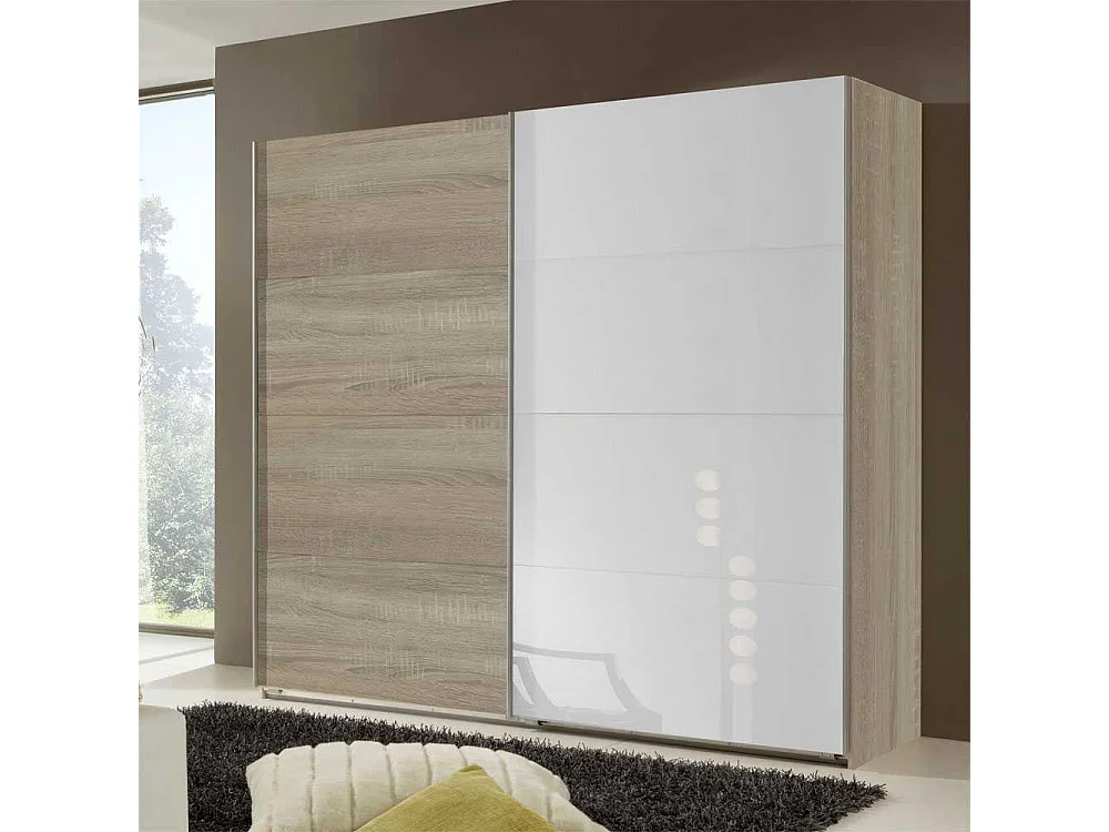 Schwebetürenschrank in Eiche Sägerau Weißglas