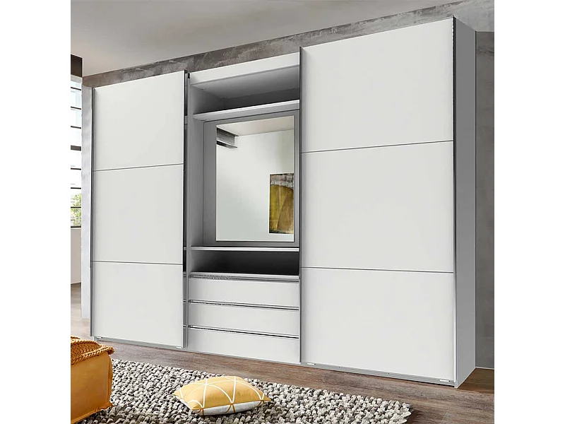 Kleiderschrank weiss Spiegel innen mit Schwebetüren drei Schubladen