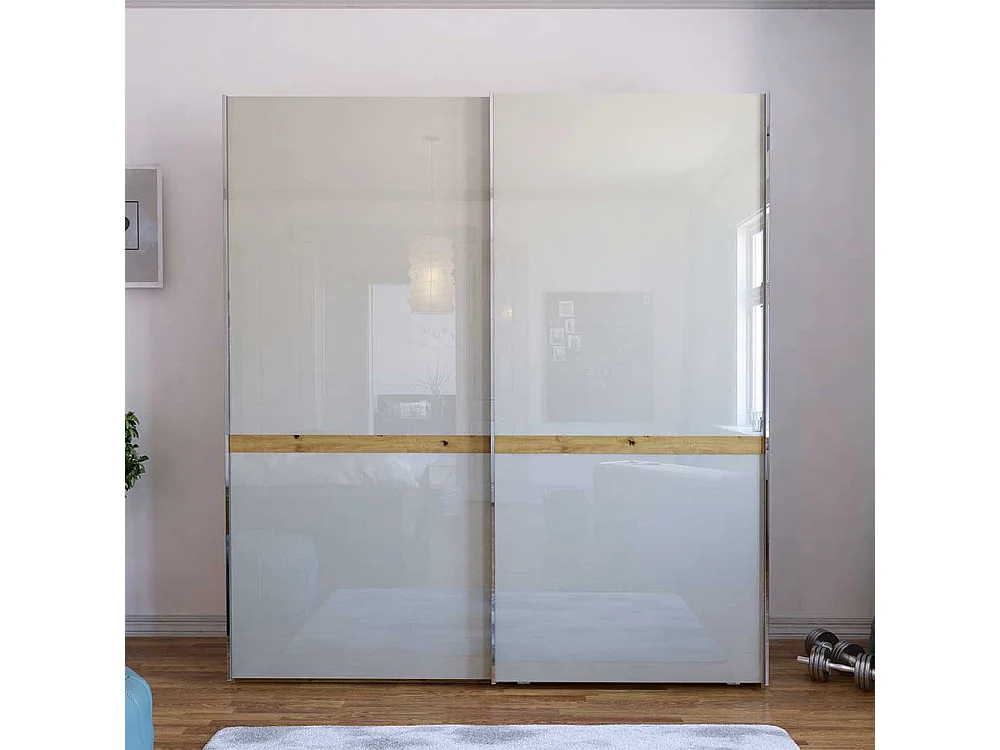 Schiebetürenschrank in Beige und Eiche Bianco Glas beschichtet