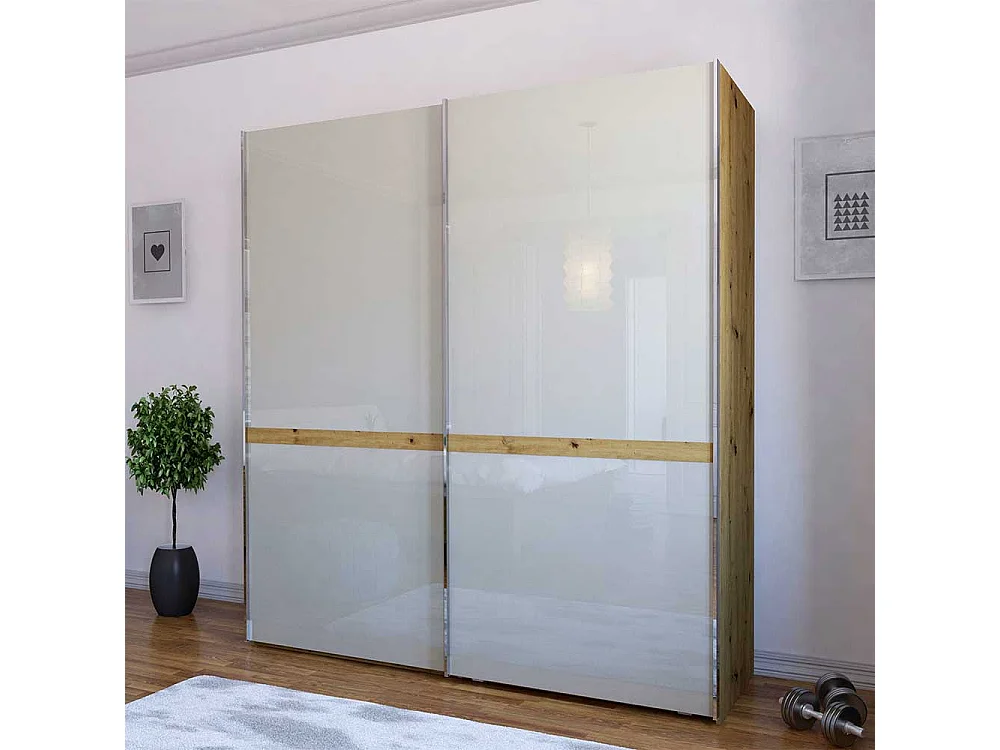Schiebetürenschrank in Beige und Eiche Bianco Glas beschichtet