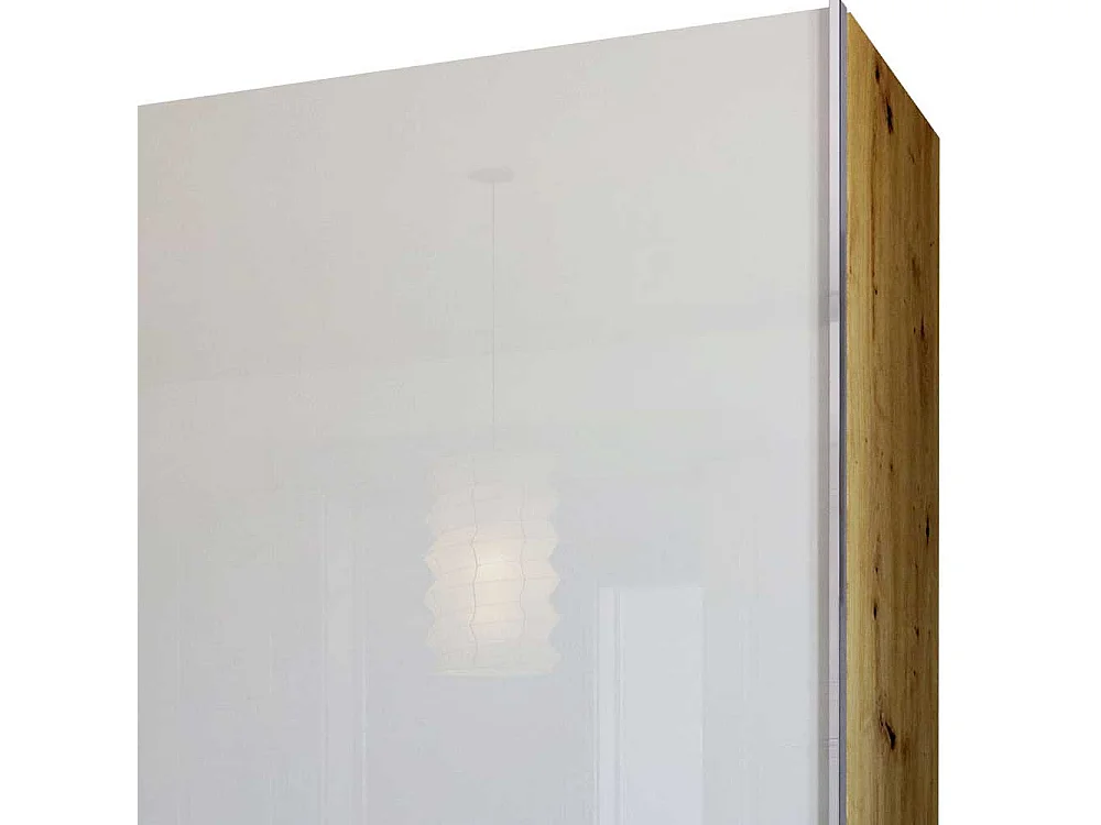 Schiebetürenschrank in Beige und Eiche Bianco Glas beschichtet
