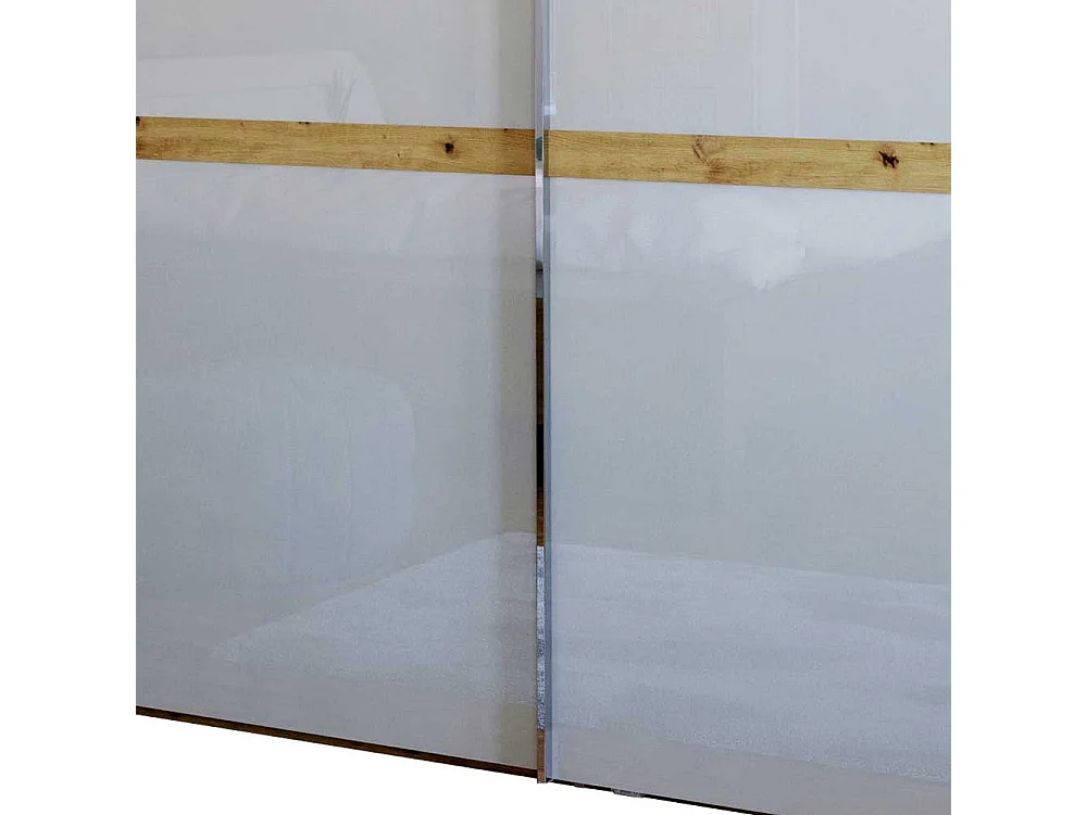 Schiebetürenschrank in Beige und Eiche Bianco Glas beschichtet